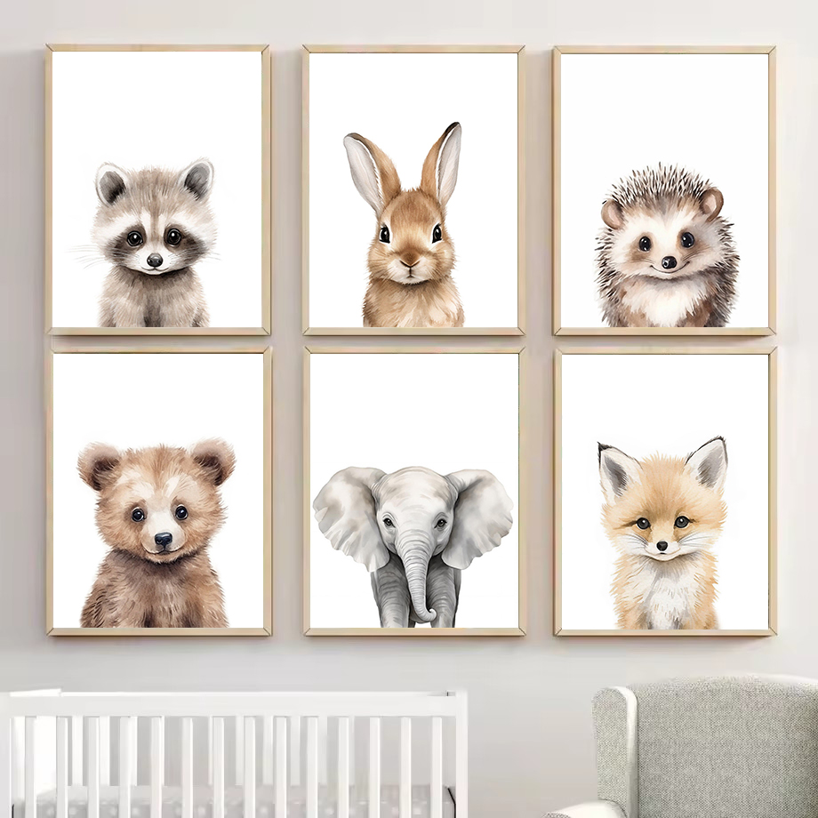Baby Nursery Animal Pictures - لوحة قماشية مرسومة بالألوان المائية تصور