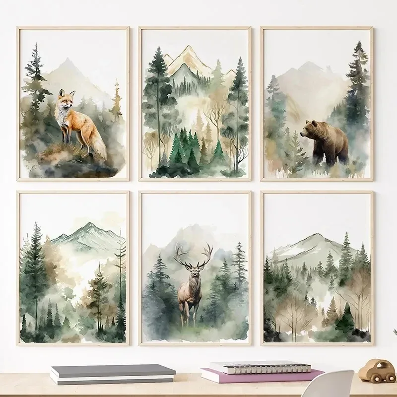 Baby Nursery Animal Pictures - ملصقات وطباعات نورديكية لغابات الضباب والدب
